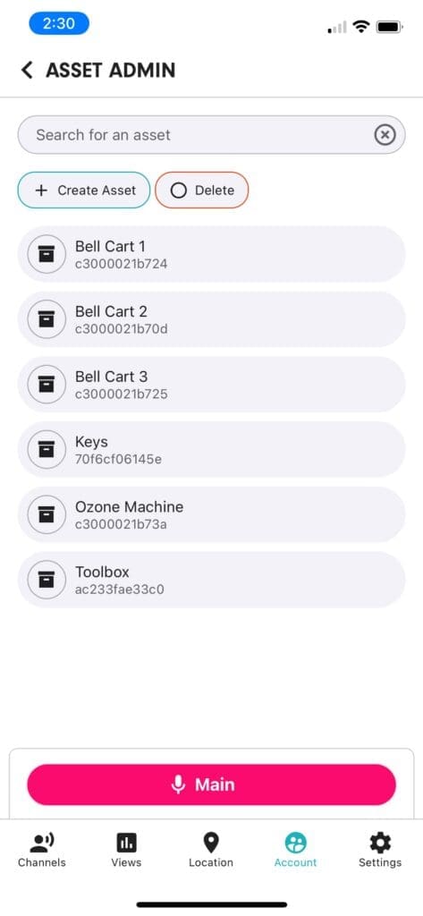 A view of the Asset Admin section on the Relay App