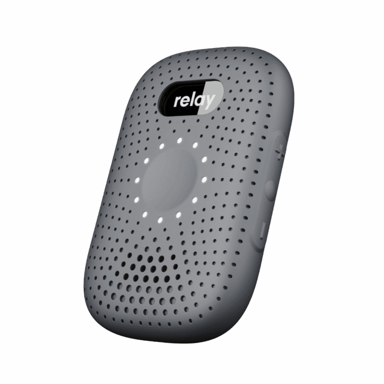 Angled front view of RelayM device showing LED ring and screen display