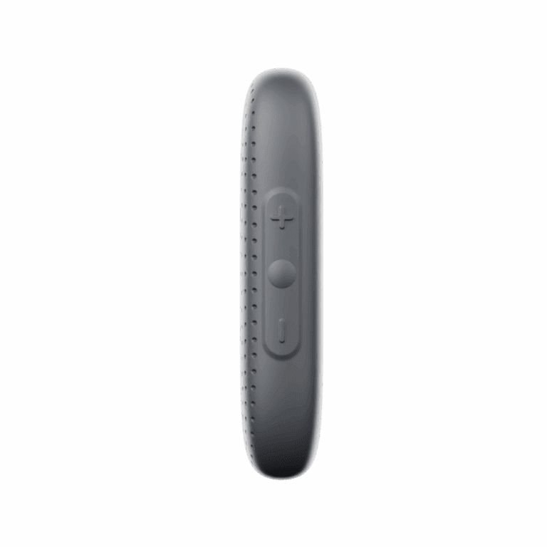 Side profile of RelayM showing volume buttons and center push-to-talk button